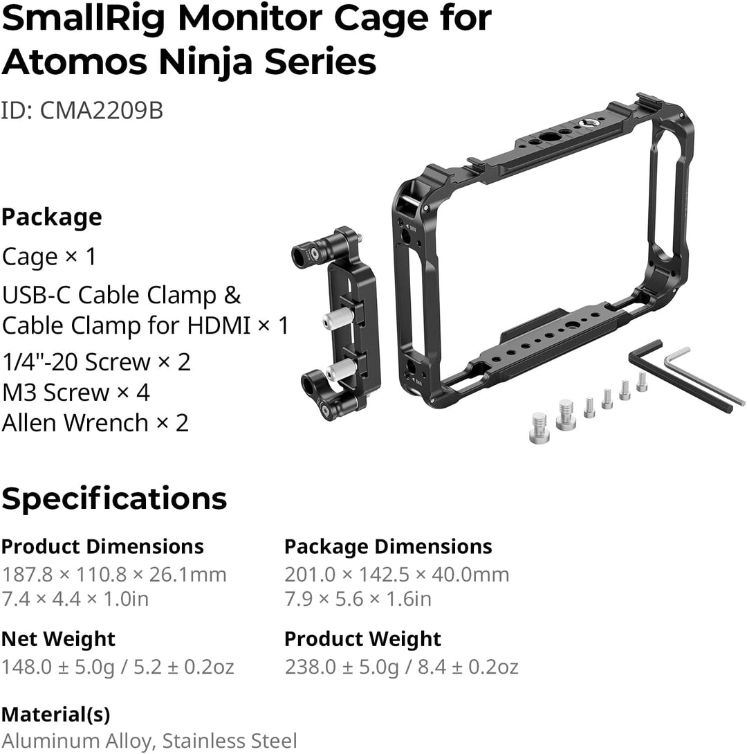 SMALLRIG Monitor Cage für Atomos Ninja V, Käfig mit Befestigungspunkten und SSD-Laufwerksperren - 22