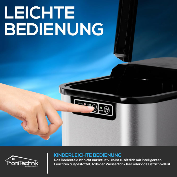 TroniTechnik® Eiswürfelmaschine Eiswürfelbereiter aus Edelstahl, Ice Maker, 12kg/24h, 2,2 Liter Wass