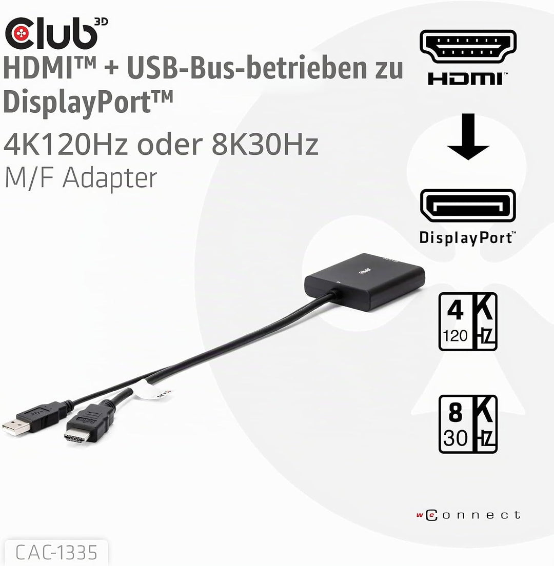 Club 3D CAC-1335 HDMI+ Micro USB auf DisplayPort 4K120Hz oder 8K30Hz St/B Aktiver Adapter, CAC-1335