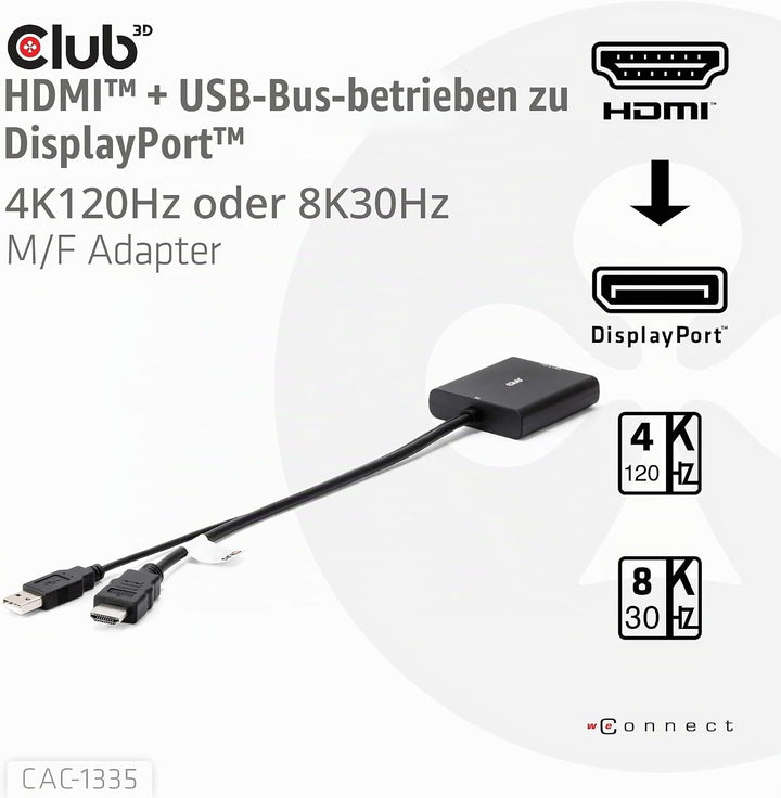 Club 3D CAC-1335 HDMI+ Micro USB auf DisplayPort 4K120Hz oder 8K30Hz St/B Aktiver Adapter, CAC-1335