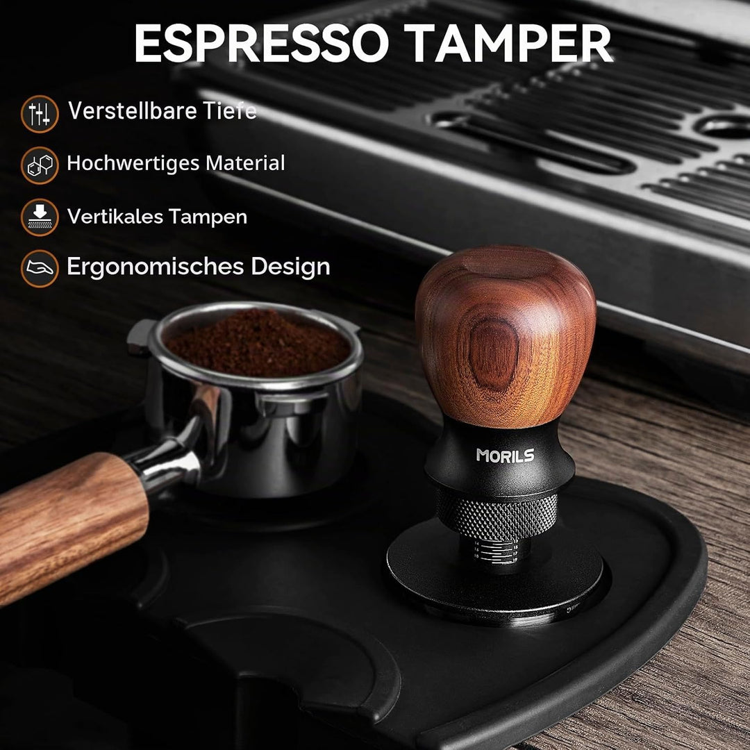 MORILS Kaffee Tamper 53.3mm, Nussholz Espresso Tamper, einstellbare Tiefe, Edelstahl Basis Tamper Pa