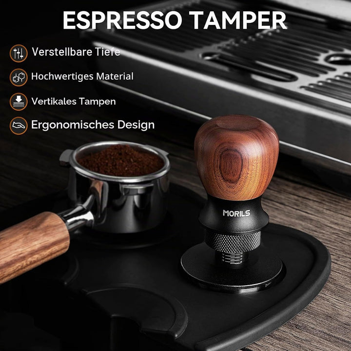 MORILS Kaffee Tamper 53.3mm, Nussholz Espresso Tamper, einstellbare Tiefe, Edelstahl Basis Tamper Pa
