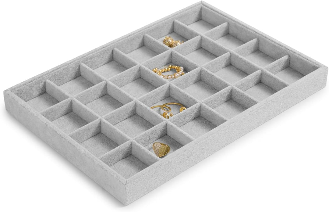 Oirlv Grau Samt 24 Gitter Schmucktablett,Schmuckaufbewahrung Schublade Schmuck Organizer Tablett Rin