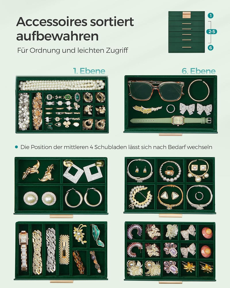 SONGMICS Schmuckkästchen, Schmuckkasten mit 6 Ebenen, Schmuckbox mit Glasdeckel, 5 Schubladen, für S