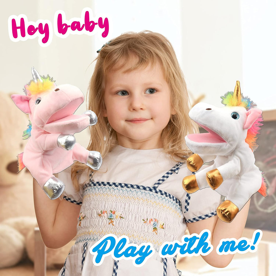 Hopearl Plüsch Einhorn Handpuppe mit offenem beweglichem Mund für fantasievolles Spiel, Rollenspiel,