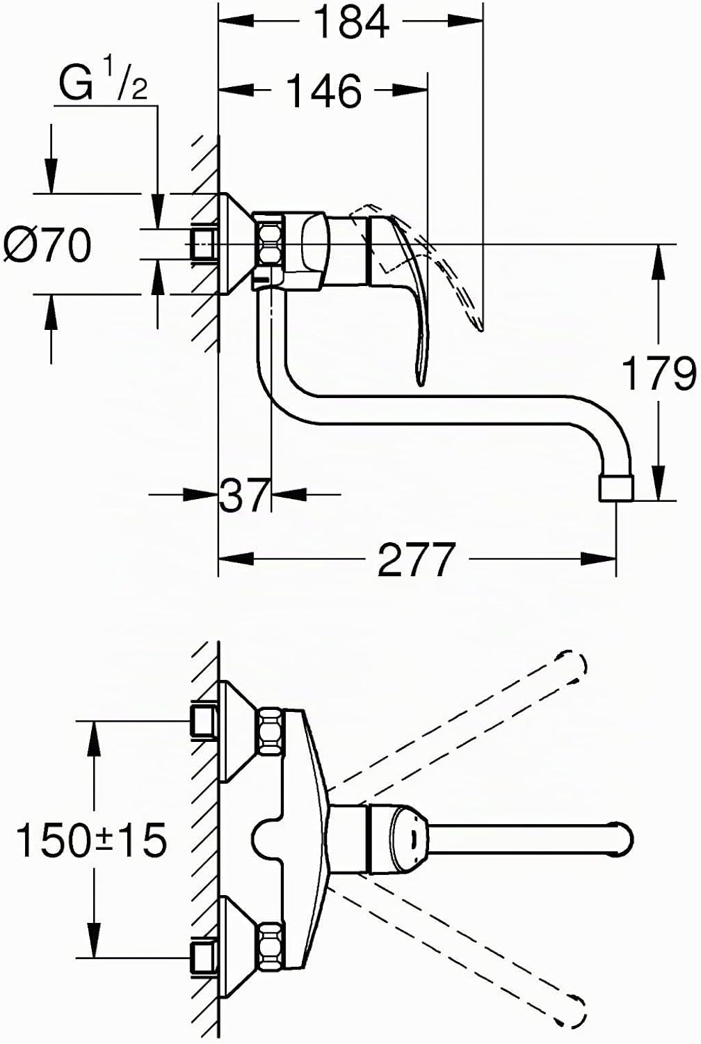 GROHE Eurosmart Küchenarmaturen - Einhand-Spültischbatterie (DN 15, Wandmontage) chrom, 32224002 Chr