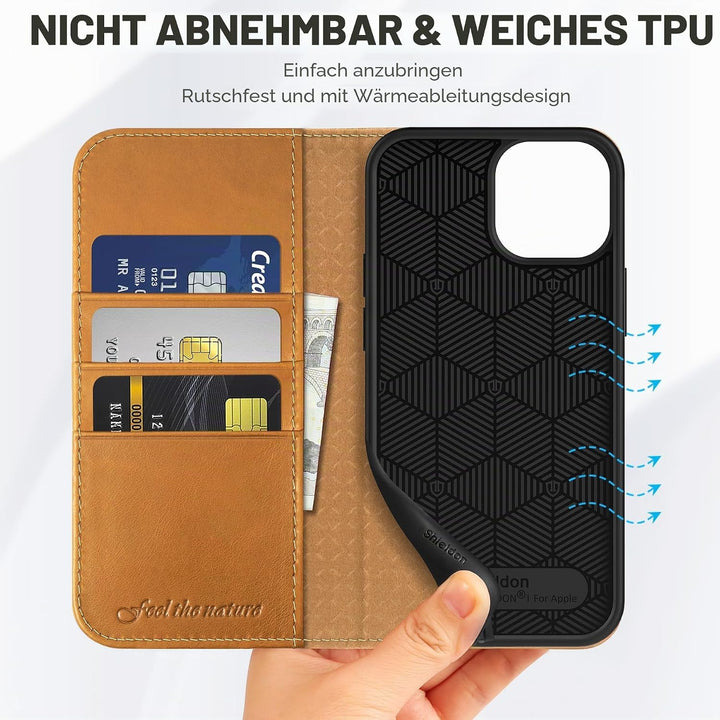 SHIELDON Hülle für iPhone 13 Mini, Schutzhülle [Rindsleder] [Stossfest] [Kartenfächer] [Magnetversch