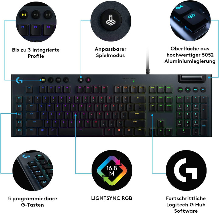 Logitech G815 mechanische Gaming-Tastatur, Clicky GL-Tasten-Switch mit flachem Profil, LIGHTSYNC RGB