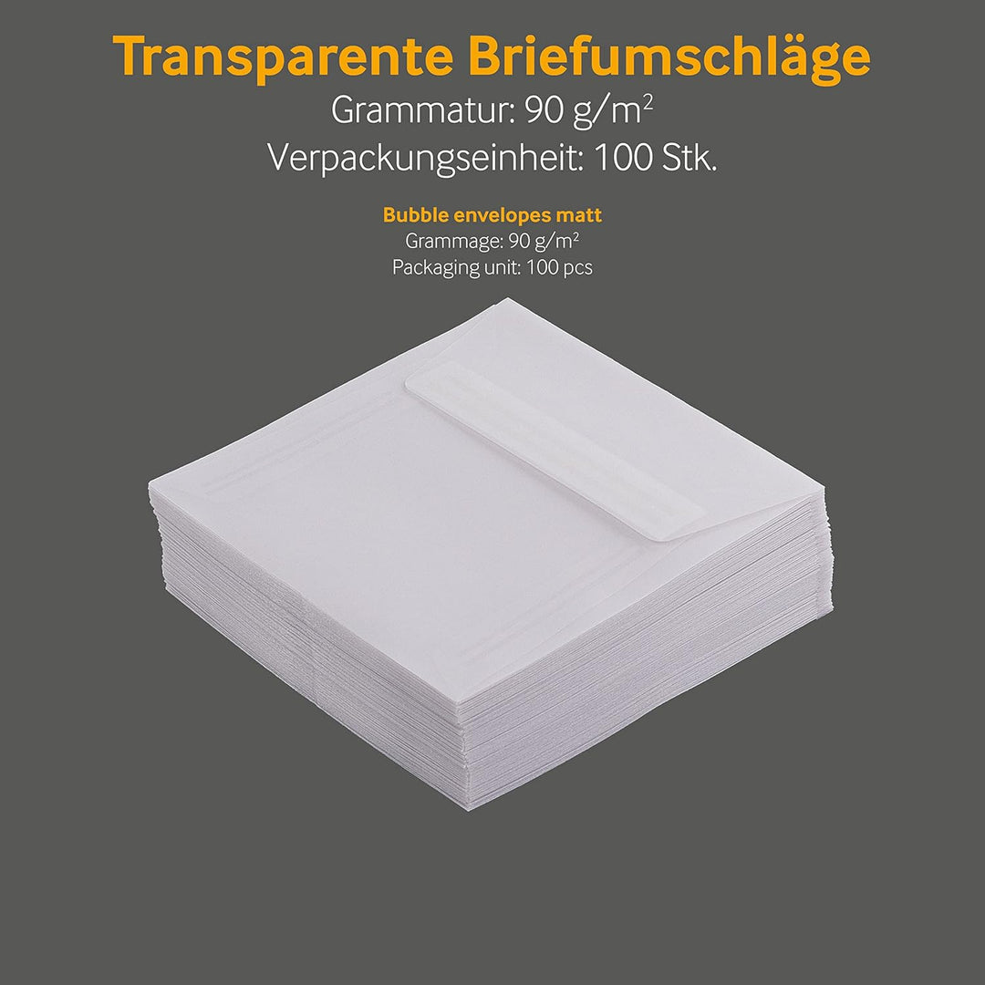 100 Stück, Transparente Briefumschläge, 125 x 125 mm, Haftklebung mit Abziehstreifen, Gerade Klappe,