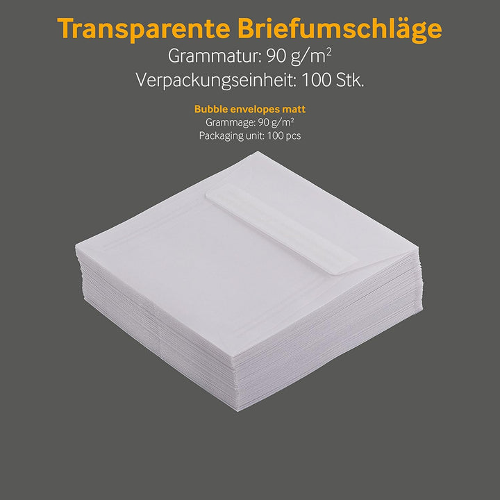 100 Stück, Transparente Briefumschläge, 125 x 125 mm, Haftklebung mit Abziehstreifen, Gerade Klappe,