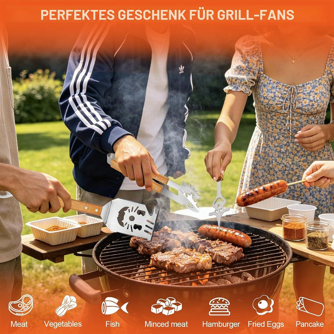 Grillbesteck Set 3-TLG,Grill Zubehör Set mit Extra-Langen Holzgriff und Tragetasche,Edelstahl,Antiro