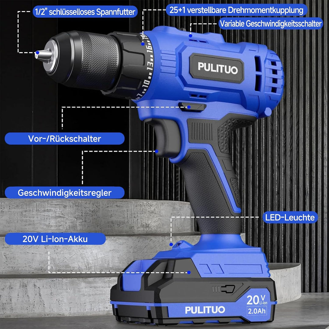 PULITUO Akkuschrauber Set, 20V Akku Bohrschrauber mit 2×2,0Ah Akkus, 45 Nm, 25+1 Drehmomentstufen, 1