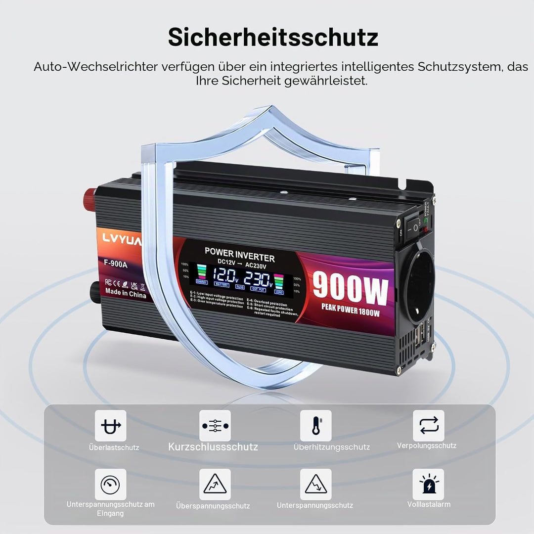 LVYUAN Wechselrichter 12V 230V 900W Spannungswandler Stromumwandler mit EU Steckdosen, 2 USB, Alliga