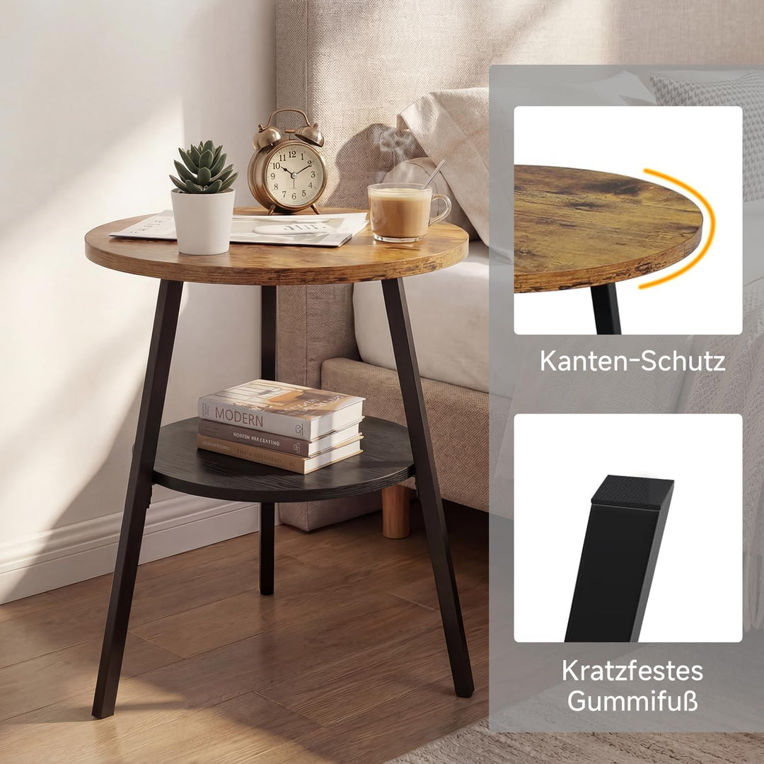 Beistelltisch Rund, Couchtisch Klein mit 2 Etagen, Runder Holz Beistelltisch im Vintage Stil, Rustik