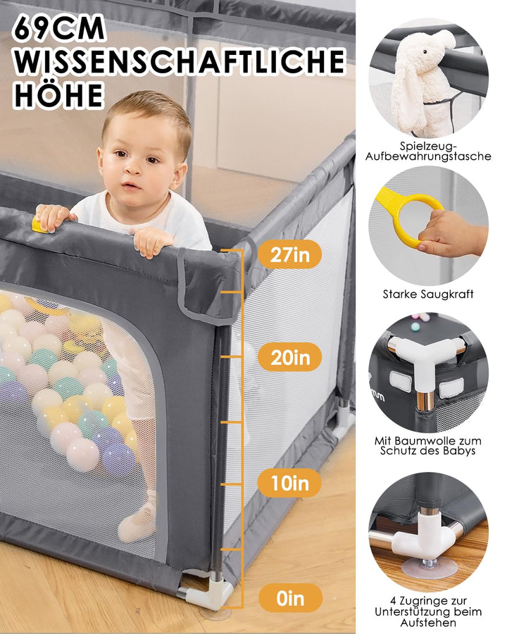 Laufstall Baby mit Spielmatte,Laufgitter Baby,Kinderzaun mit Atmungsaktivem Netz,Tragbarer Laufstall