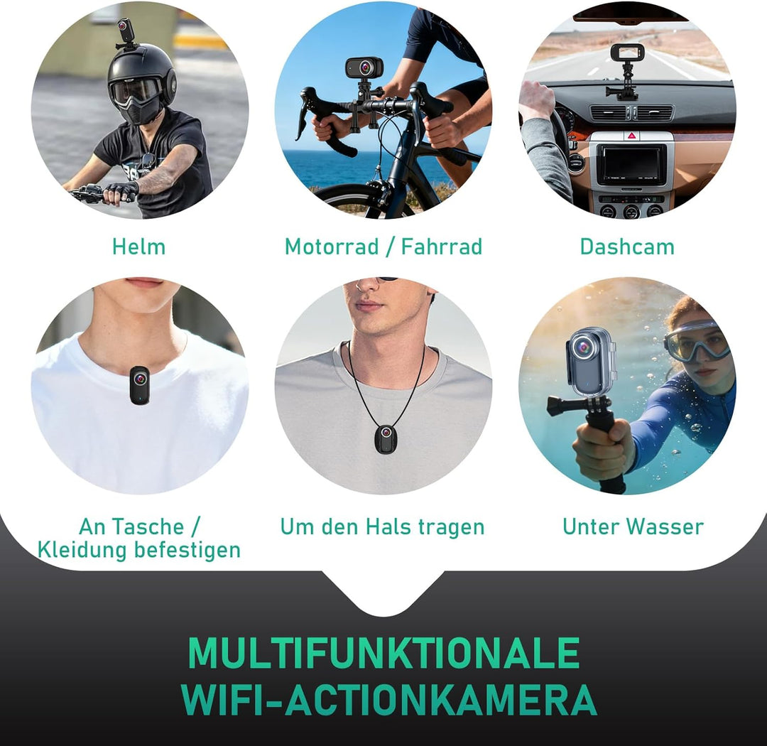 Action Kamera WiFi 4K, Wasserdicht Mini Action Helmkamera, 150° WiFi Sport Actionkamera mit 1,47-Zol