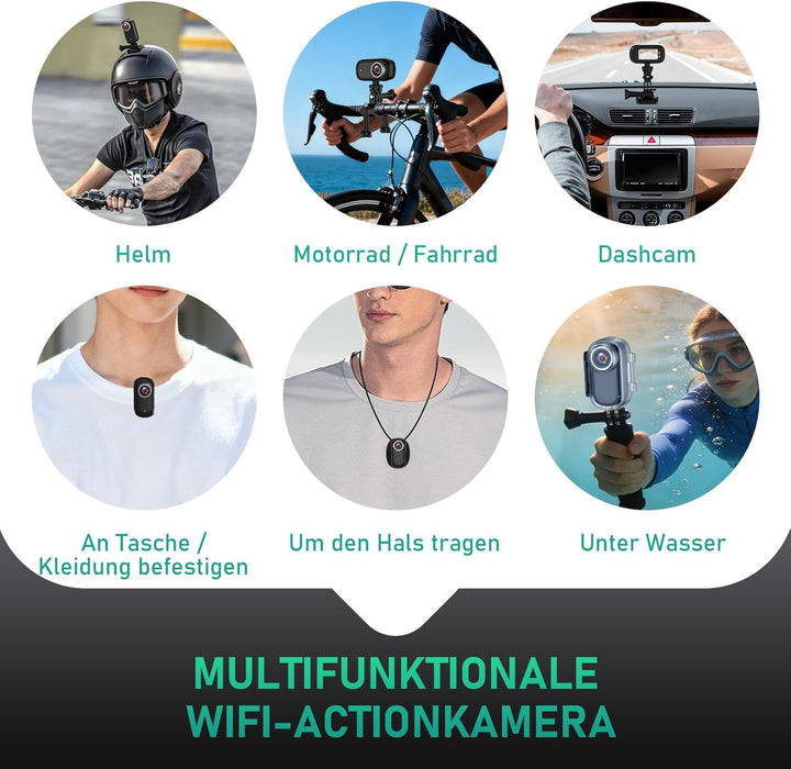 Action Kamera WiFi 4K, Wasserdicht Mini Action Helmkamera, 150° WiFi Sport Actionkamera mit 1,47-Zol