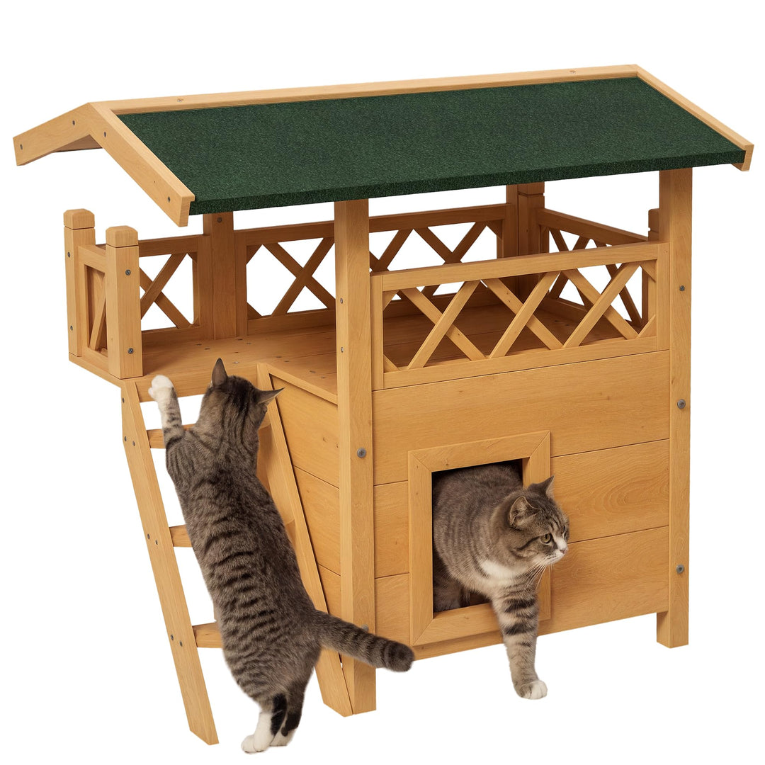 PawHut Katzenhaus aus Holz Winterfest wasserdicht Katzenhütte mit Asphaltdach Terrasse Treppe Katzen