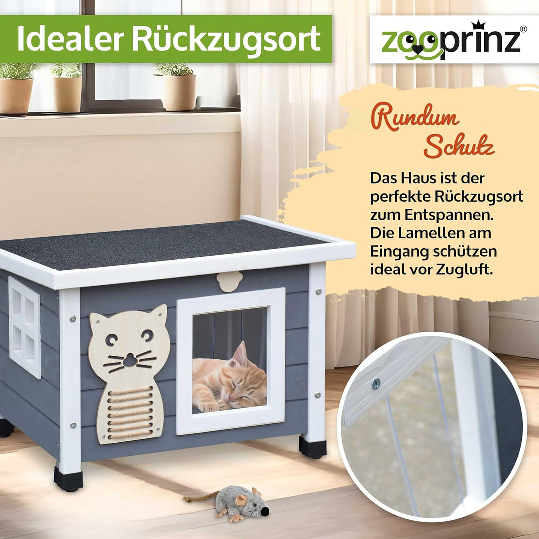 zooprinz Premium Holz Katzenhaus – Katzenkiste mit Dach zum Öffnen, Fenster und Schwingtür – Sisalba