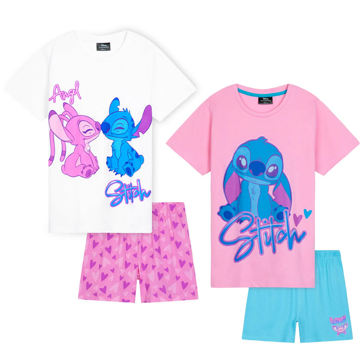 Disney Stitch Schlafanzug Mädchen Kurz, Pyjama T-Shirt & Shorts - Stitch Sachen, 6-7 Jahre Rosa/Blau