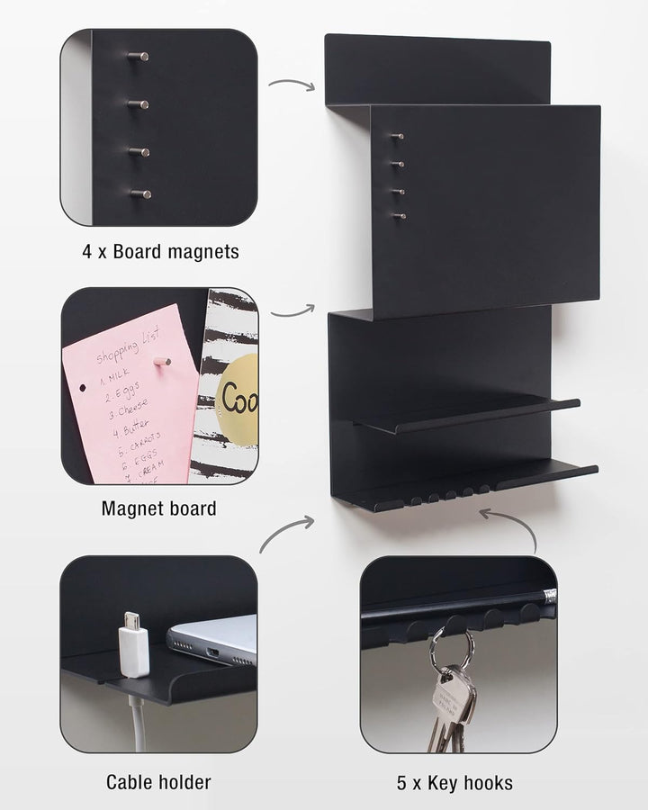 byde Wandorganizer Hepe aus Stahlstruktur. 30 x 9 x 49 cm 3-in-1 Wandregal mit Magnettafel und Magne