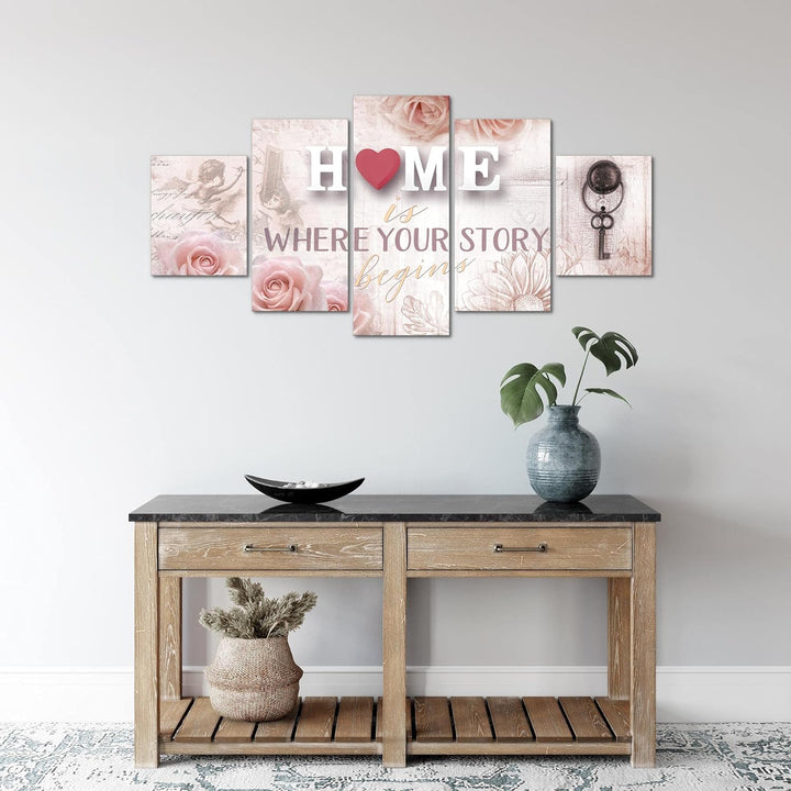 Runa Art Wandbilder Home 5 Teilig Bild auf Vlies Leinwand Deko Wohnzimmer Vintage Violett Lila 02685