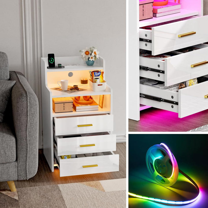 PIPIPOXER Nachttisch mit Steckdose und Ladefunktion,Nachtschrank mit 3 Schubladen und 16 Farben Bele