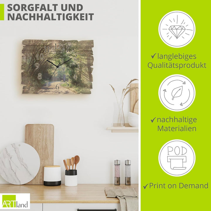 ARTLAND Wanduhr ohne Tickgeräusche aus Holz Funk Uhr lautlos 40x30 cm Rechteckig Wald Landschaft Nat