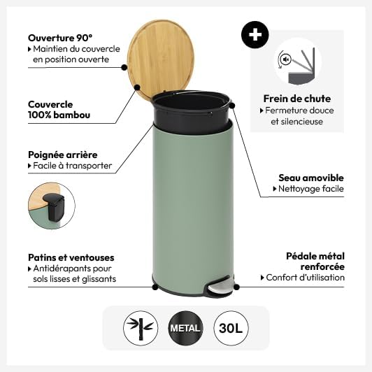 5five – Moderner Farb-Treteimer – Grün – 30 l – Bambusdeckel, herausnehmbarer Eimer, Soft-Close-Funk