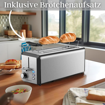 Toaster Langschlitz | 4 Scheiben Toastautomat | XXL | 1500 Watt | 6-Stufen Bräuneregler | Brötchenau