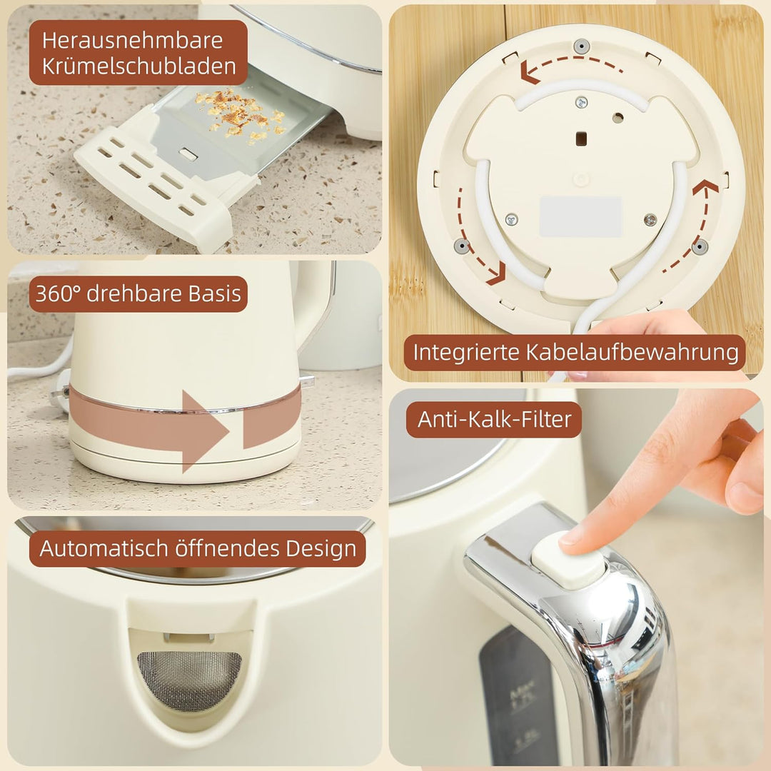 HOMCOM Wasserkocher Toaster Set 2200 W 1,7L Wasserkocher, 2 Scheiben Toaster, 6 Bräunungsstufen, Auf
