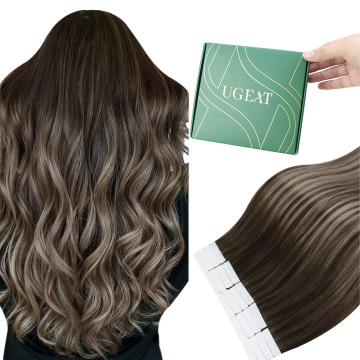 Ugeat Tape Echthaar Extensions Dunkelbraun Balayage Invisible Tape Extensions Echthaar Aschblond Omb
