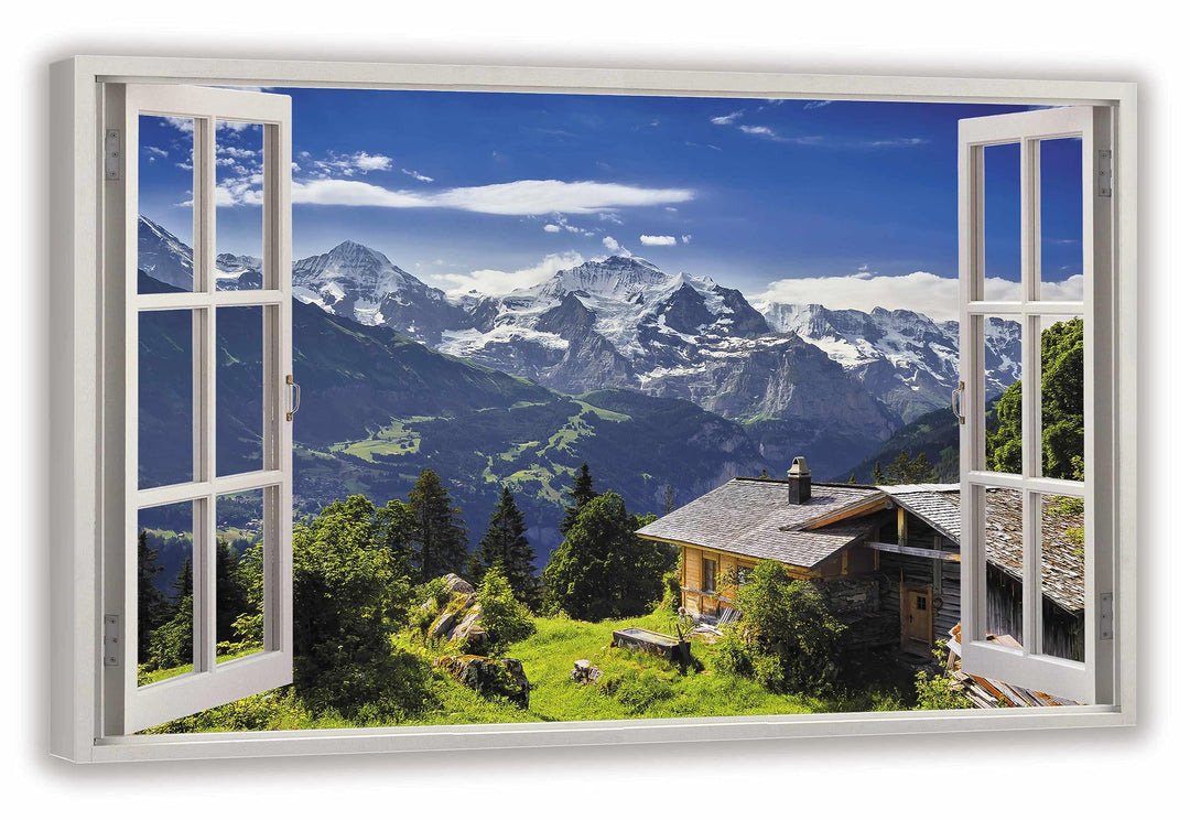 HUBDECO Leinwandbild Fensterblick Alpenberge Bild 70x50 cm - Landschaftsbilder auf Leinwand - Wandbi