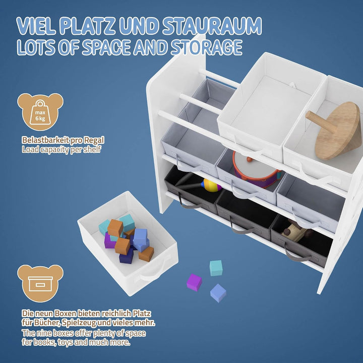 Joyz Kinderregal, Weltraum, 62,5x29,5x60 cm, Weiss, Spielzeugregal mit 9 Aufbewahrungsboxen aus Vlie