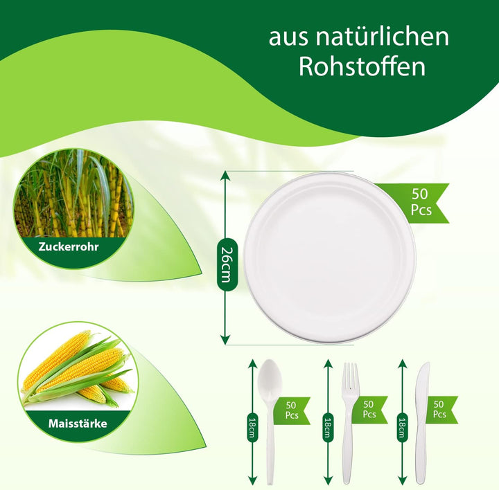 BIODORF Umweltfreundliche Einweggeschirr | 200 teilig (je 50 Zuckerrohr Teller, Kompostierbare Gabel