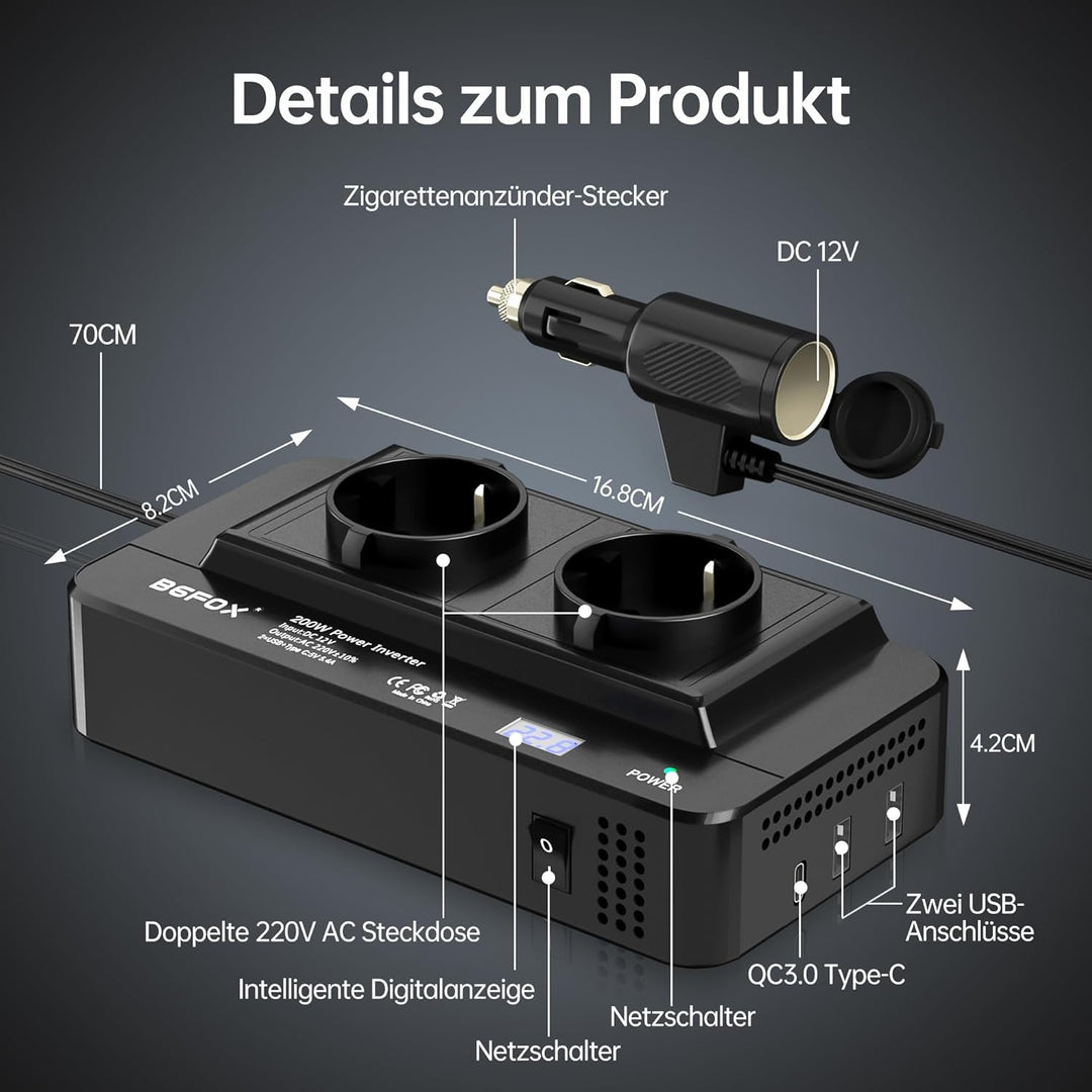 200W Wechselrichter 12V auf 230V Auto Spannungswandler, Stromwandler mit 2 Auto Steckdose/Type-C & 2