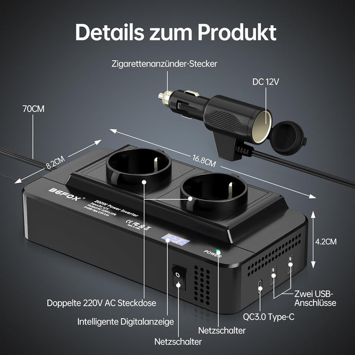 200W Wechselrichter 12V auf 230V Auto Spannungswandler, Stromwandler mit 2 Auto Steckdose/Type-C & 2