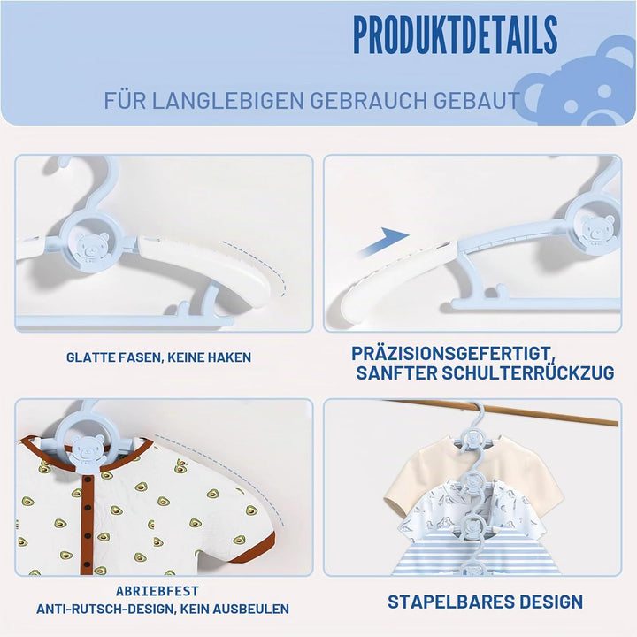 HGYZE Baby Mitwachsende kleiderbügel Kinder, Stapelbare Hanger + Haken + Hosenständer, rutschfest Ba