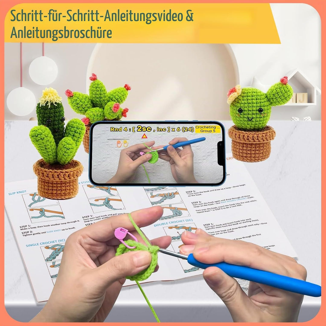 GUXLXAR Häkelset für Anfänger, Häkelnadel Set,3 Cactus Häkeln Für Anfänger Komplett Stricken,Häkel-S