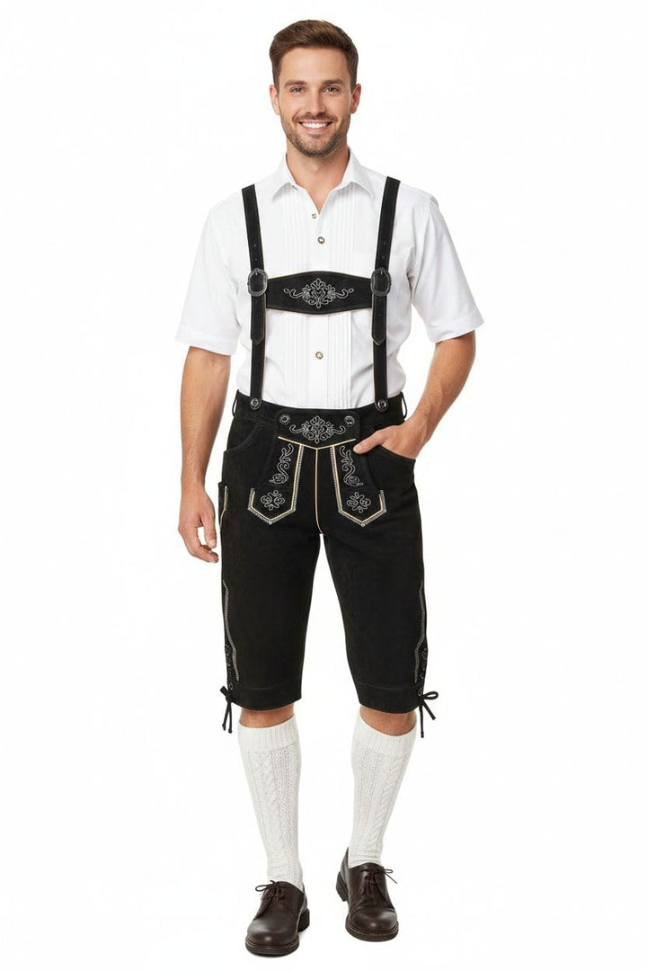 Herren Trachten Lederhose Kniebund mit Träger Rindvelourleder Dunkelbraun - Trachtenlederhose Herren