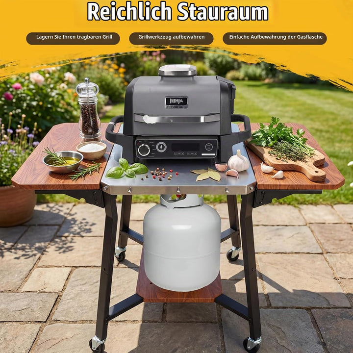 GFTIME Grillwagen mit Edelstahl-Arbeitsplatte, BBQ Wagen mit 2 klappbaren Seitenablagen, Gasflaschen