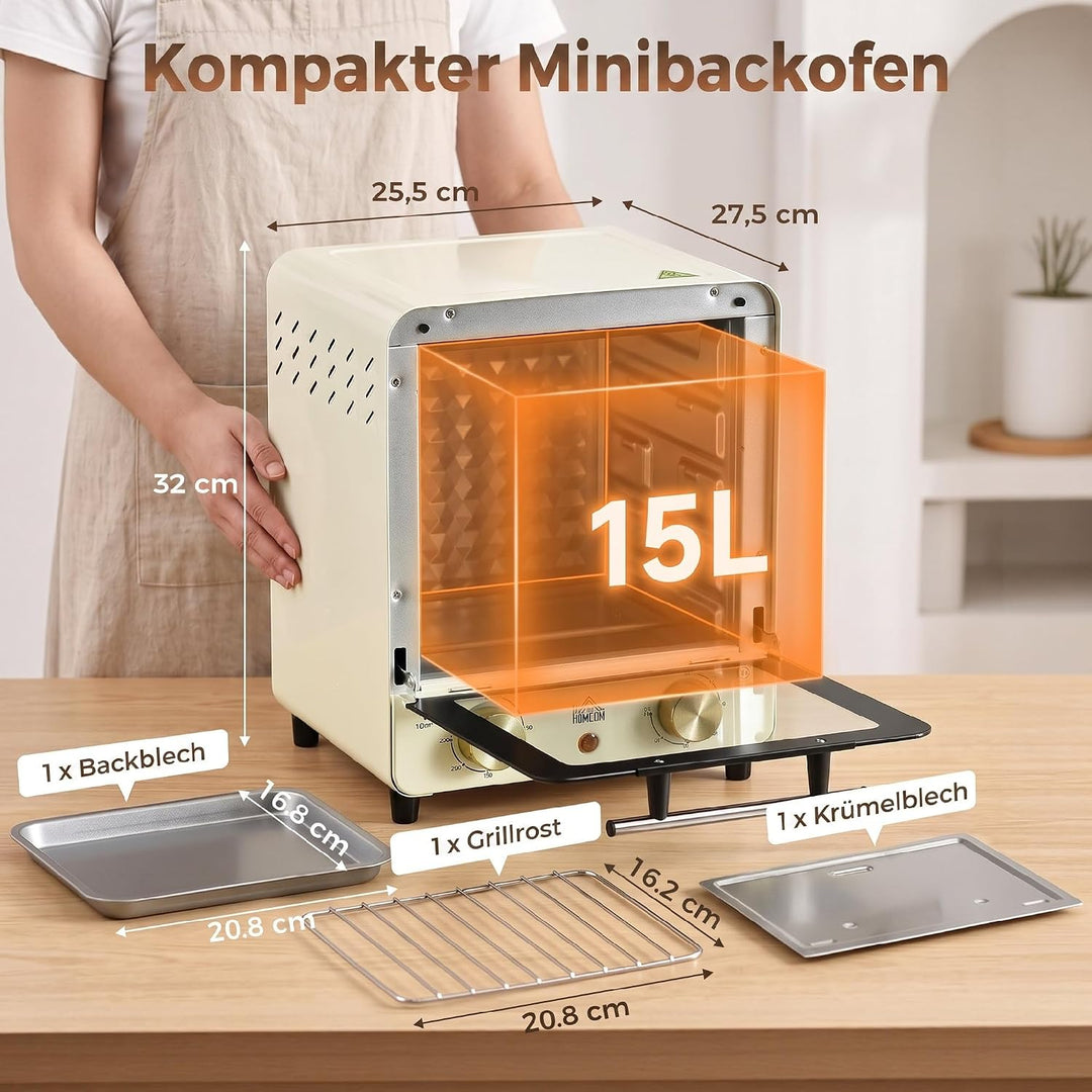 HOMCOM Minibackofen 15L, Pizza-Ofen mit Umluft, 1000 W Elektrischer Mini Ofen inkl. Backblech Set, K