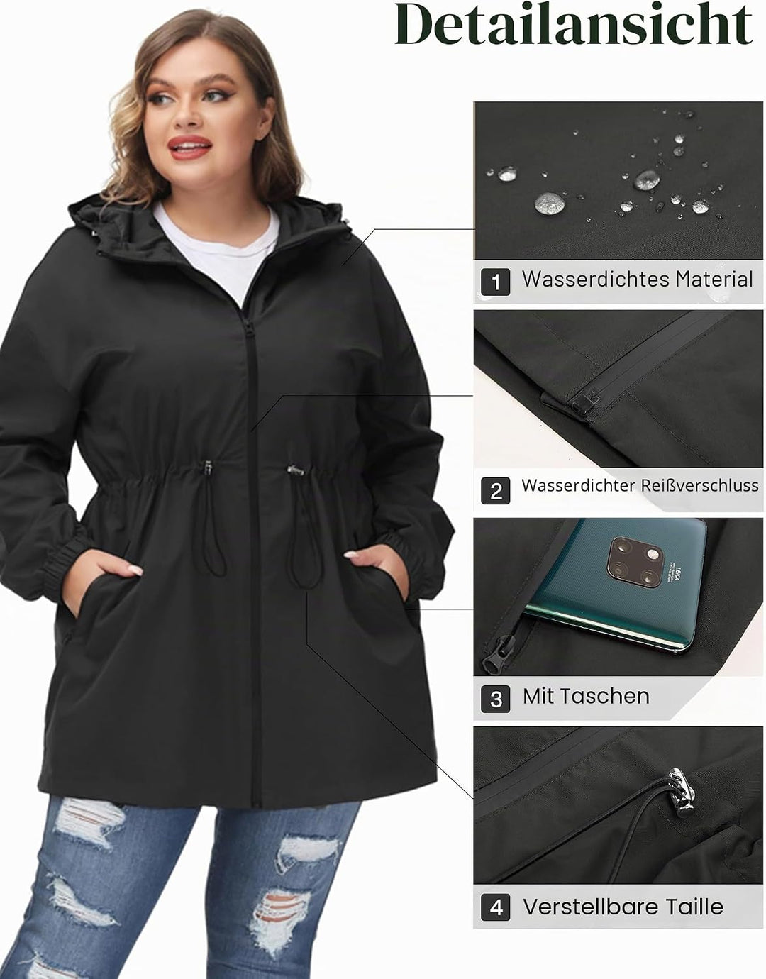 Hanna Nikole Damen Grosse Grösse Regenjacke Leicht Wasserdicht Regenmantel mit Kapuze Windbreaker Sp