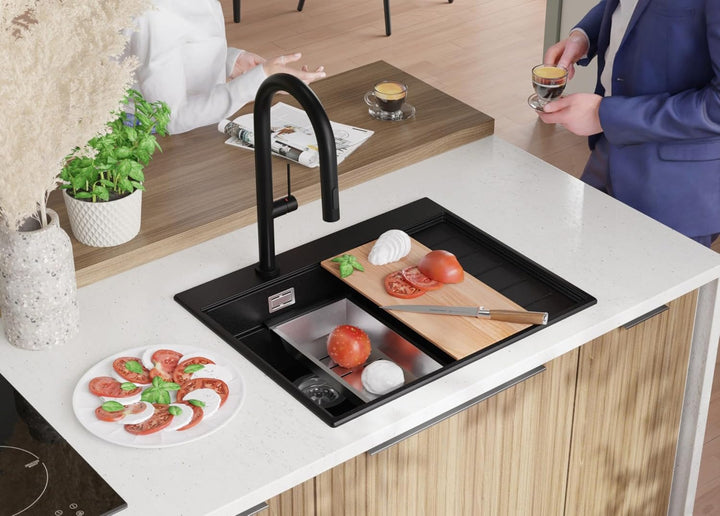 PRIMAGRAN Spülbecken Schwarz 62x50cm, Granitspüle 1 Becken + Ablauf-Set + Küchenzubehörset, Küchensp