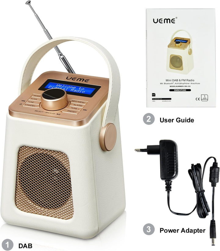 UEME Mini DAB+ DAB Digitalradio und UKW Radio mit Bluetooth Lautsprecher, Radiowecker, und Leder Ver