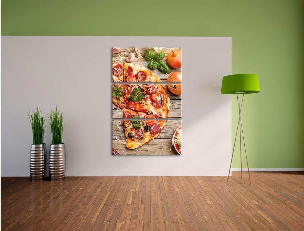 Pixxprint Pizza Italia auf Holztisch als Leinwandbild/Grösse: 3 Teilig (120x80) cm/Wandbild/Kunstdru