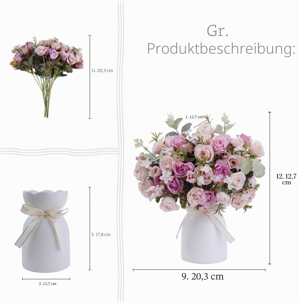 LESING Künstliche Seidenrose mit Vase, künstliche Blumen, Hochzeitsblumen, Blumensträusse, Arrangeme