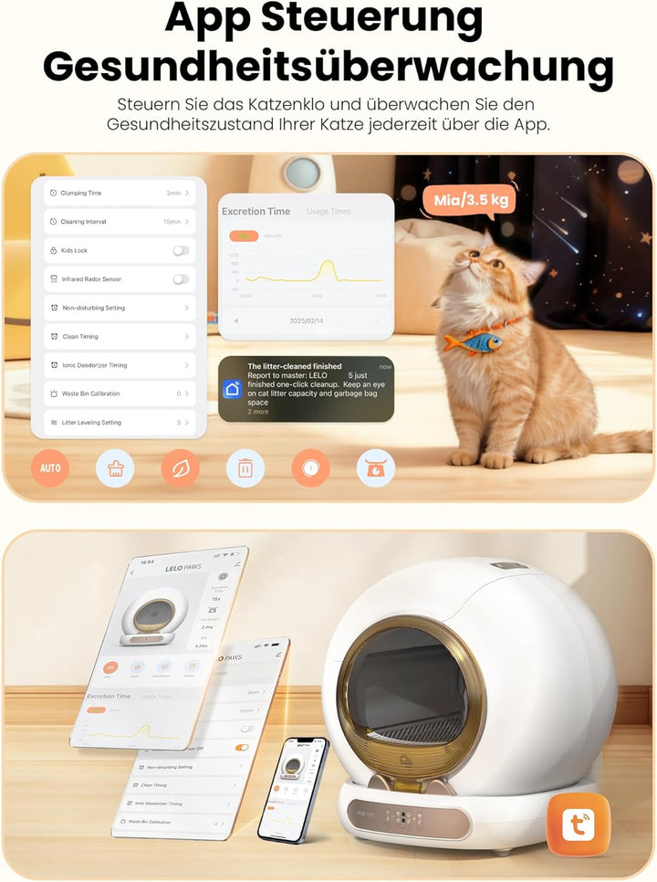 Selbstreinigende Katzentoilette mit Türvorhang, 65L+9L Katzenklo Selbstreinigend mit Müllbeutel, Mat