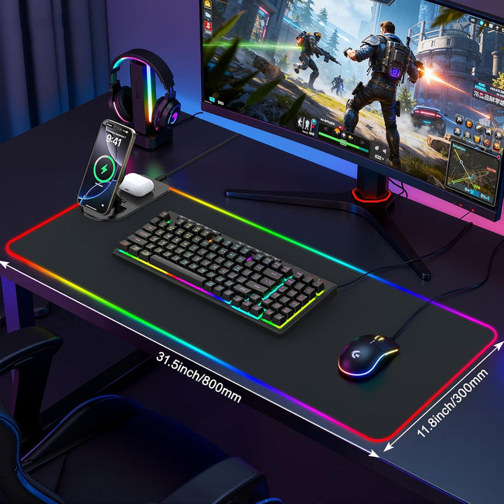 RGB Gaming Mauspad 15W Qi Mousepad LED 800x350x4mm 10 Beleuchtungsmodi mit 10W Schnellladung Qi Kabe