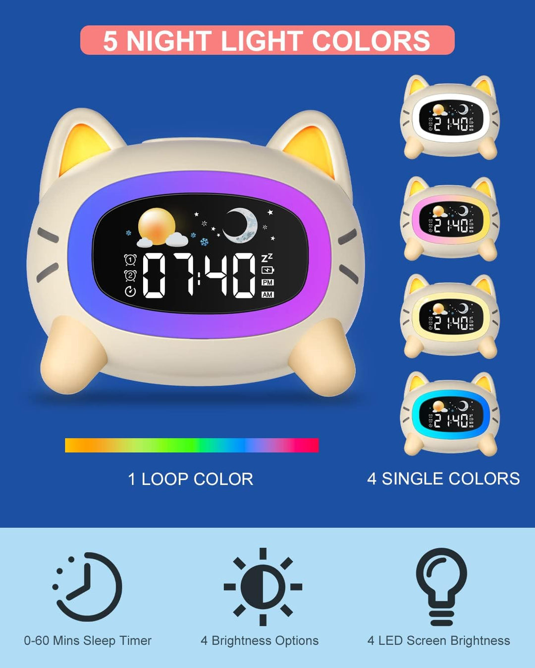 Uplayteck Wecker Kinder, Katze Schlaftrainer Kinderwecker Digital Mit Soundmaschine, Buntem Licht, S